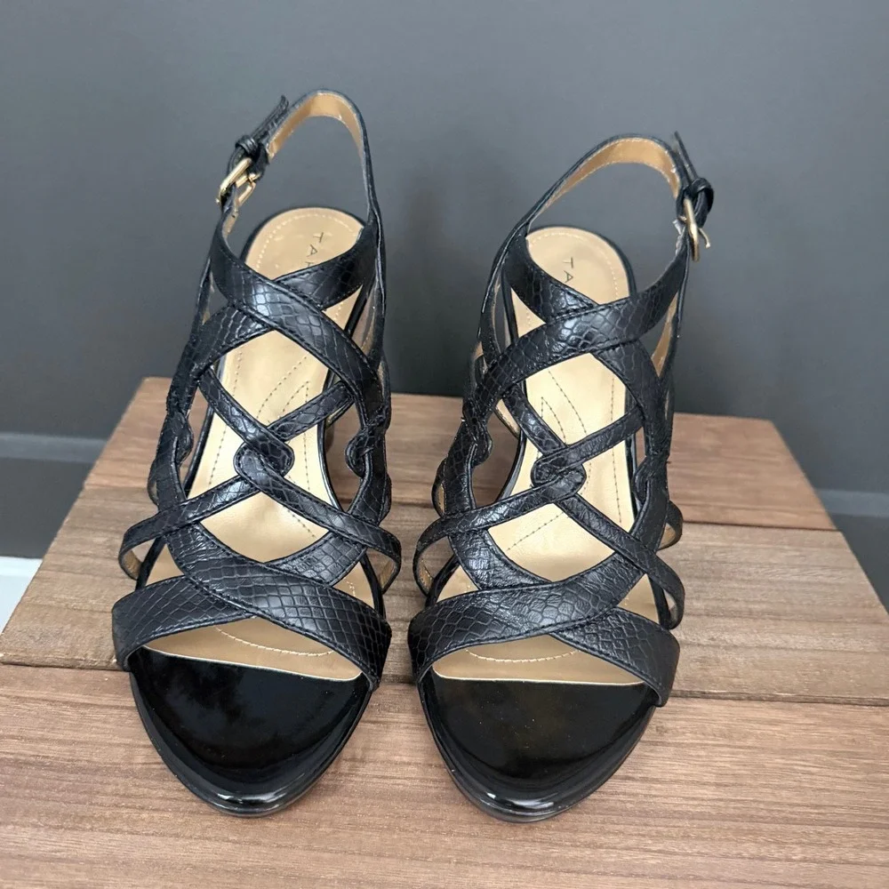 Tahari Petunia Black Snake Embossed Leather Cork Wedge Sandals Women 8.5 Strappy
